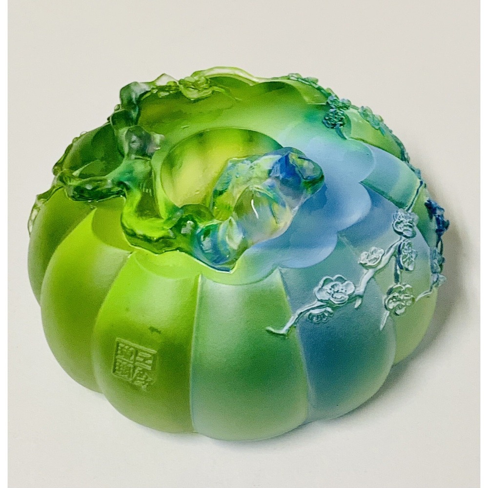 VTG '98 Liuligongfang Asian Green Blue Crystal Art Lotus Decorative Signed RARE! - Picture 12 of 12